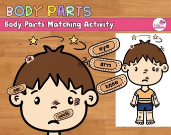 May include: A colorful educational illustration with the text "BODY PARTS" and "Body Parts Matching Activity". The image features a cartoon boy with bandages and labels for body parts like "eye", "arm", and "knee".