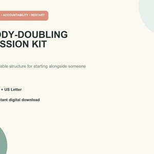 Puede incluir: Un documento digital titulado Body-Doubling Session Kit con un encabezado de color salmón que contiene el texto Focus, Accountability, Restart. La página incluye el subtítulo A printable structure for starting alongside someone, además de los textos A4 + US Letter e Instant digital download con iconos cuadrados verdes.