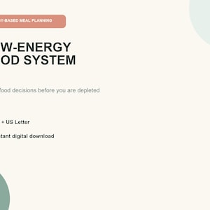 May include: A digital document titled LOW-ENERGY FOOD SYSTEM with the subtitle ENERGY-BASED MEAL PLANNING. It includes the text Make food decisions before you are depleted, A4 + US Letter, and Instant digital download on a cream background.