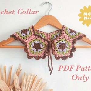 May include: A crochet collar with brown, pink, and green granny squares. The collar is displayed on a wooden hanger with the text "Crochet Collar" and "Molly Made" in the background. The text "PDF Pattern Only" is also visible in the image.
