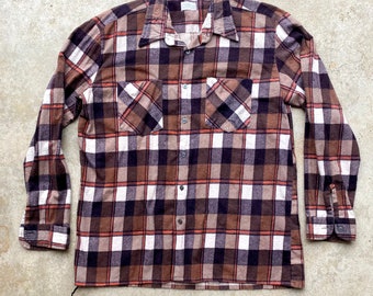 Vintage 80’s, Brown, Tan, Plaid, Button Down, Flannel, Shirt