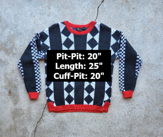 Vintage 80s Red Black White Checkered Sweater - image 2