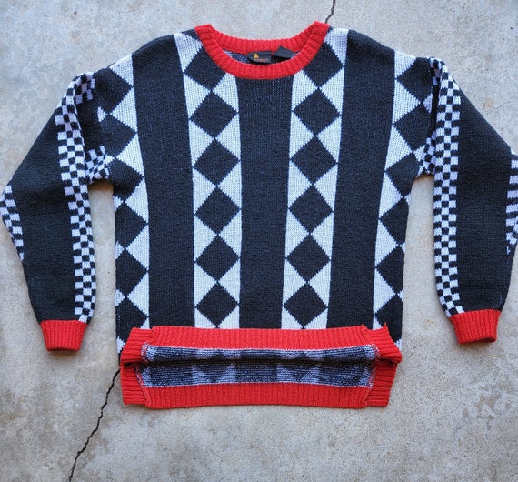 Vintage 80s Red Black White Checkered Sweater - image 3