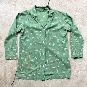 Vintage 60s, Green, Hearts, Floral, Rayon, Button Down, Long Sleeve, Blouse, Top, Shirt