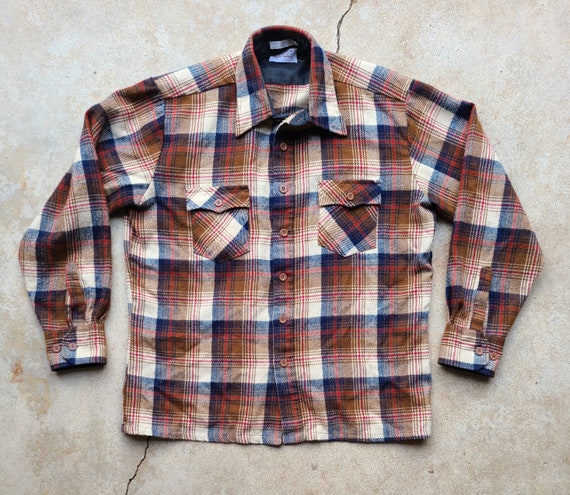 Vintage 70s, Brown, Blue,  Plaid, Button Down, Sh… - image 1