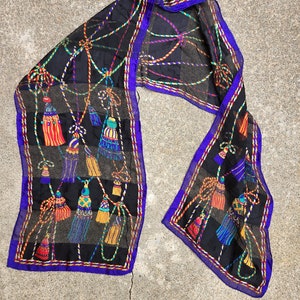 Vintage 80&#39;s, Black, Purple, Italian, Silk, Wrap, Scarf