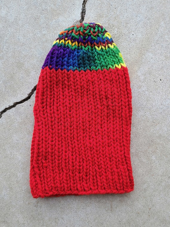 Vintage 70's, Red, Rainbow, Knitted Hat, Beanie, … - image 1