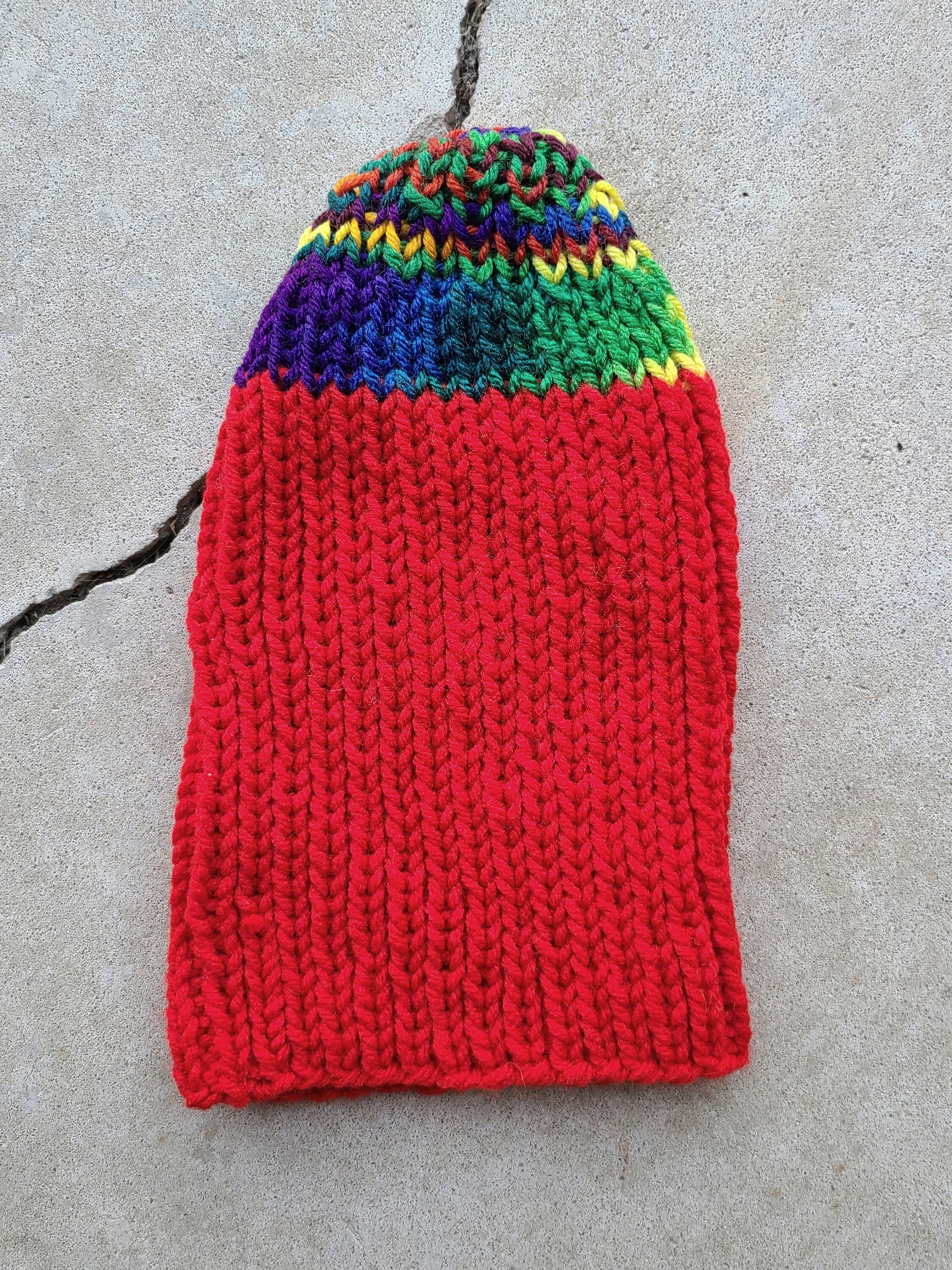Vintage 70's, Red, Rainbow, Knitted Hat, Beanie, Winter, Cuffed