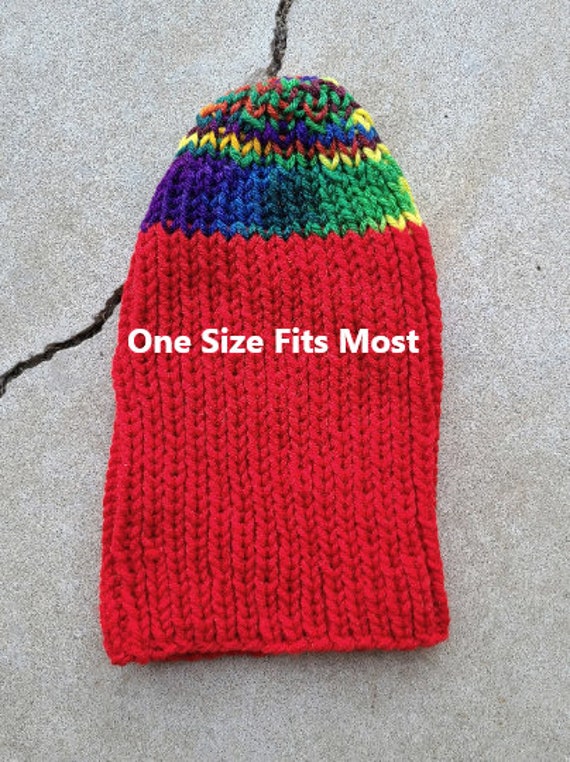 Vintage 70's, Red, Rainbow, Knitted Hat, Beanie, … - image 2