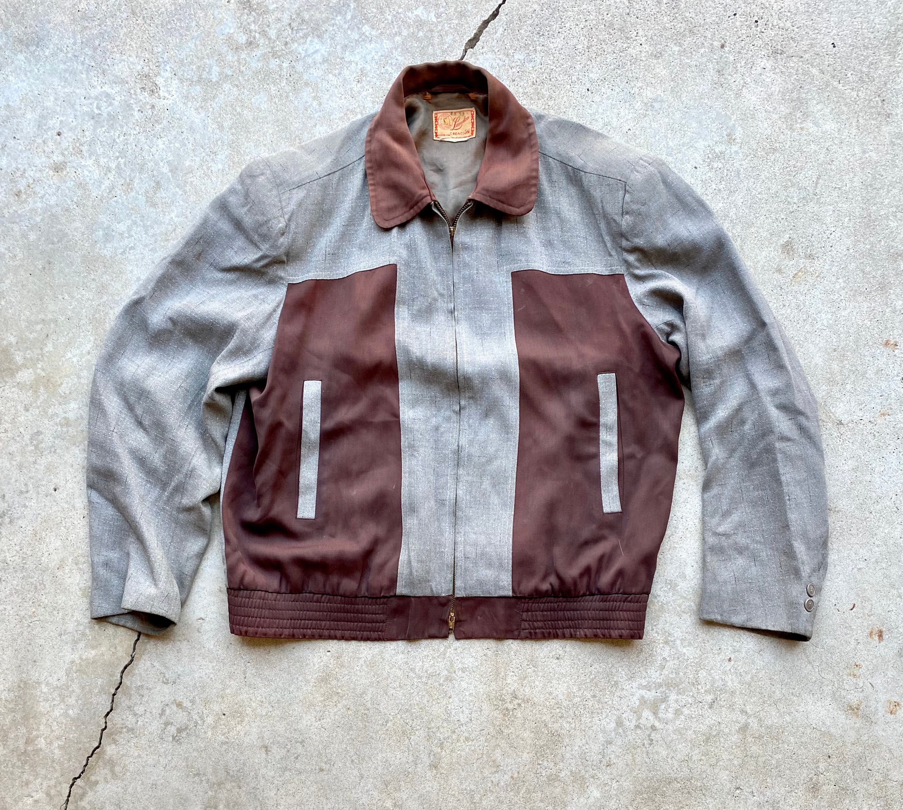 Size M L Vintage 1950s reproduction Two-Tone Abstract BrownRed and Tan Gabardine Jacket