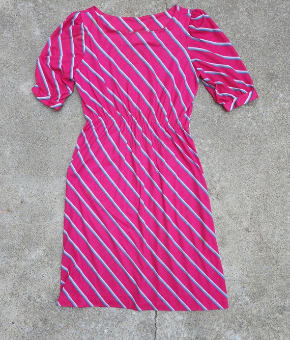 Vintage 80s Pink Diagonal Striped Cinched Waist Dr