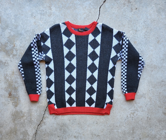 Vintage 80s Red Black White Checkered Sweater - image 1