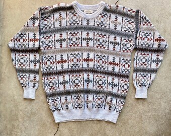 Vintage 90s, Beige, Gray, Aztec, Knit, Sweater