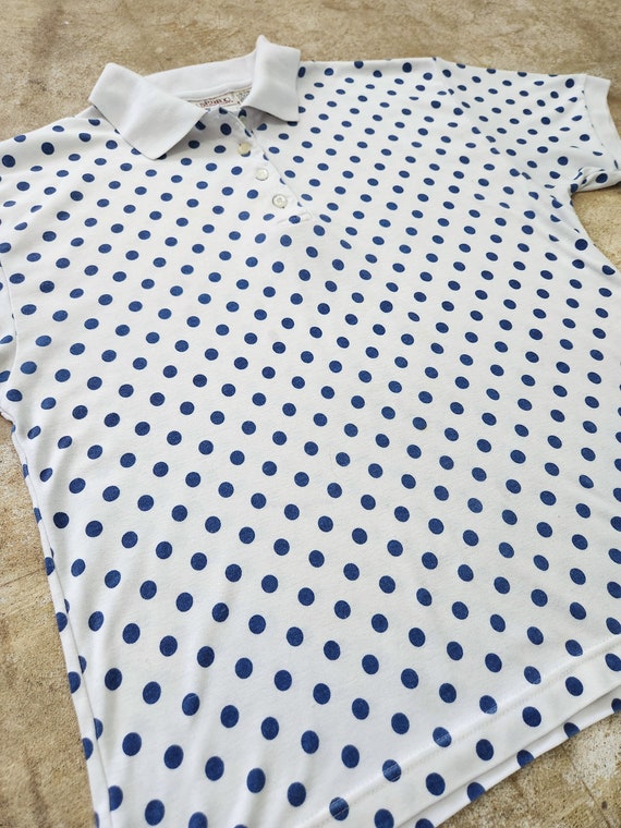 Vintage 70s Blue Polka Dot Polo Tee - image 3