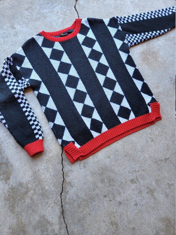 Vintage 80s Red Black White Checkered Sweater - image 4