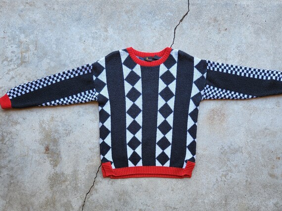 Vintage 80s Red Black White Checkered Sweater - image 5