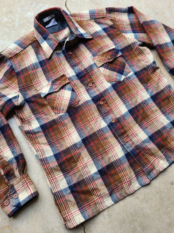 Vintage 70s, Brown, Blue,  Plaid, Button Down, Sh… - image 3