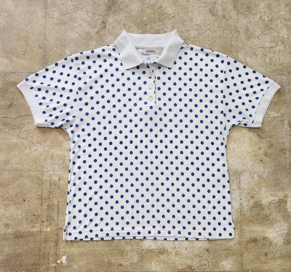 Vintage 70s Blue Polka Dot Polo Tee - image 1