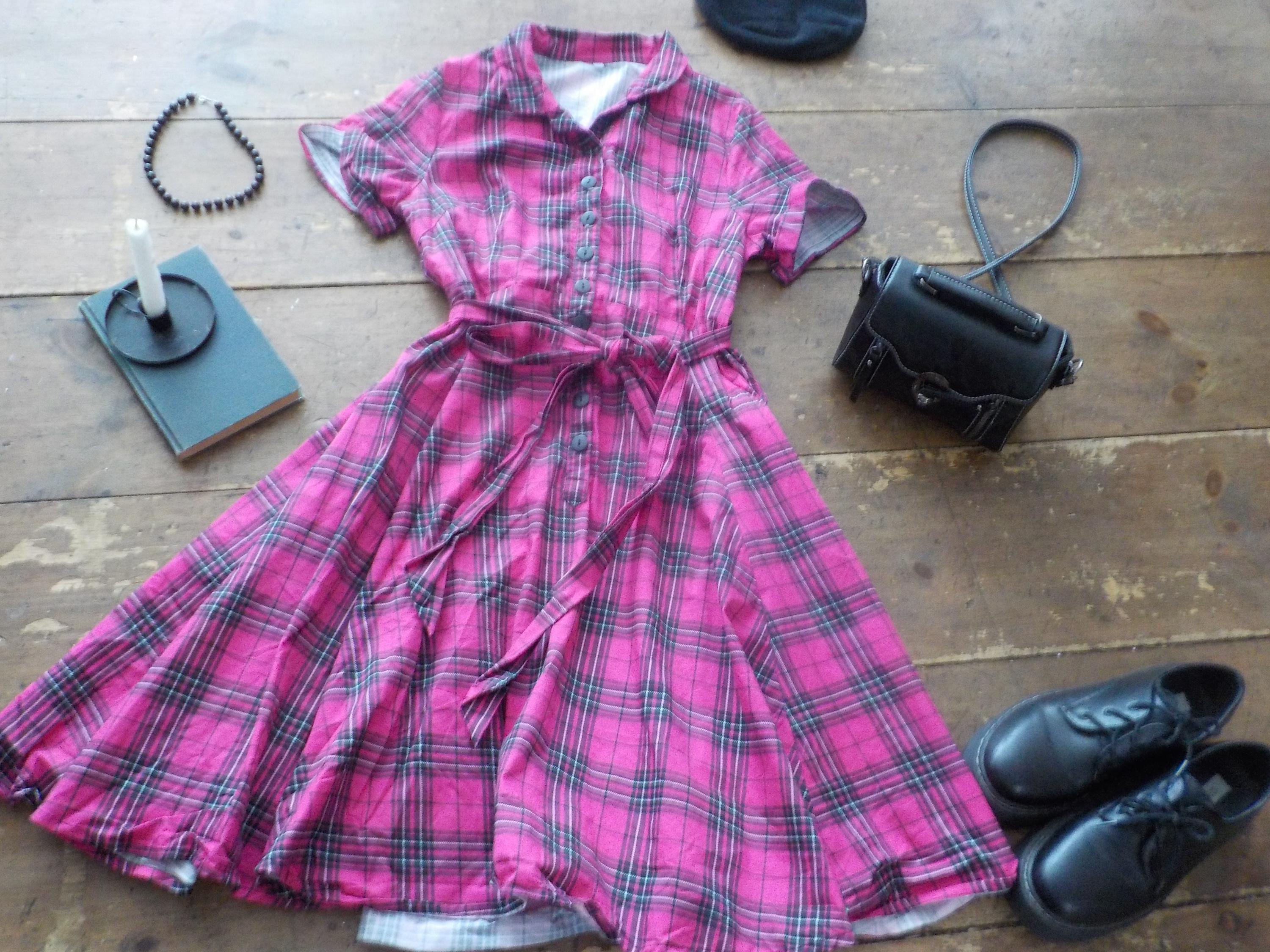 pink and grey plaid dress Current Mood Plaid Button Up Shirt Dress
