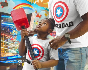 Dad and son, Captain America shirt, Birthday party shirts, Captain America shield shirts, Captain America t-shirt, Stan Lee heroes shirts