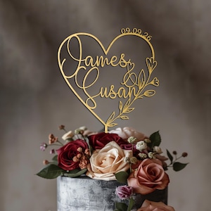 Personalized heart wedding cake topper, names & date, floral modern  script, custom gold topper