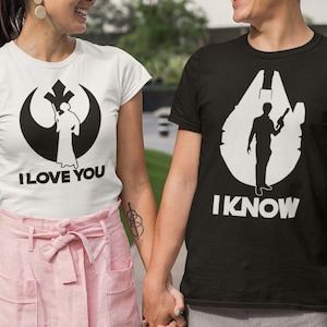 Kocham cię, wiem, że koszulki z Gwiezdnych wojen, Koszulka Gwiezdne wojny, Koszulki Disney, Dopasowana para Gwiezdne wojny, Koszulki Pan i Pani, Han Solo, Księżniczka Leia