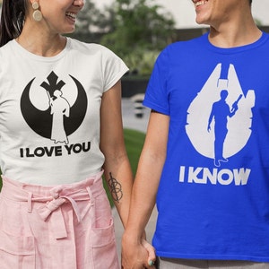 Koszulka Gwiezdne wojny, Kocham cię, wiem, że koszulki Gwiezdne wojny, Koszulki Pan i Pani, Koszulki Disney, Pasująca para Gwiezdne wojny, Han Solo, Księżniczka Leia