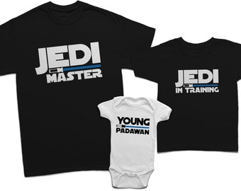 Papá hijo maestro jedi y camisas de padawan joven, papá e hijo jedi, padre e hijo a juego, camisa de borde Galaxy, camisa de papá y bebé