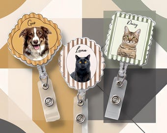 Custom Pet Portrait Badge Reel With Name, Personalized Dog Cat Badge Reel, Retractable ID Holder, Vet Tech Gift Photo Reel, Nurse Badge Clip