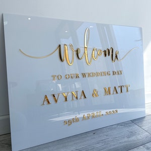 White Acrylic Wedding Welcome Sign: Gold 3D Lettering