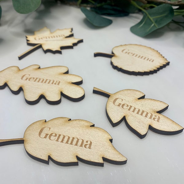 Wooden Autumn leaf place name setting, oak leaf place name, wooden name place