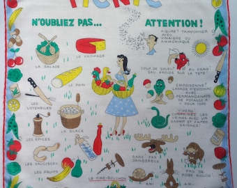 Vintage French Picnic Handkerchief: Funny Pictures, Cotton (13/13 inches)