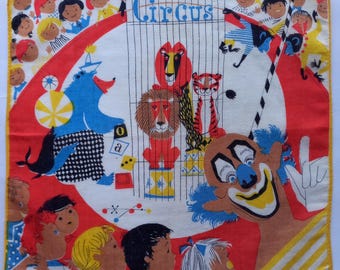 Vintage | Handkerchief | Circus | Clown | Circus Arena | Cotton | Machine Hem | Used | 9.4/9.4 inches