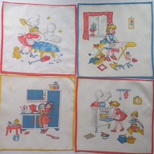Vintage / Lotto di 4 / Fazzoletti / Bambino / Piccola casalinga / Usati / Sporchi / Cotone / 8,26/8,66 pollici.