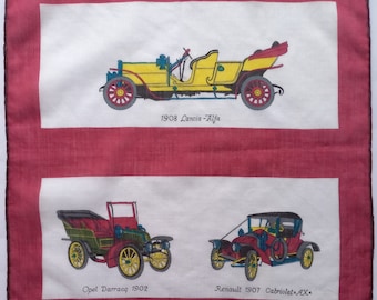 Vintage | Handkerchief | Retro Cars | Swiss Cotton | 11.4/11.4 inches | Gift