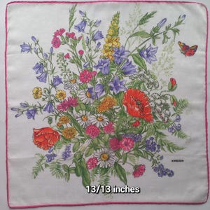 Jahrgang | Taschentuch | Kette | Blumen | Schmetterlinge | Mohnblumen ~ Gänseblümchen | Wildblumen | Baumwolle | Handgesäumt | Gebraucht | 33 cm