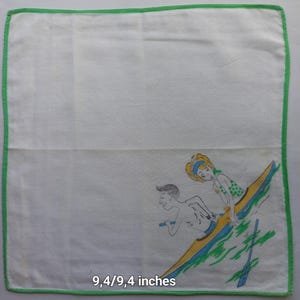 Vintage | Handkerchief | Lovers | Boy and Girl | In a Boat | Cotton | Machine Hem | Used | There is dirt | 9.4/9.4 inches
