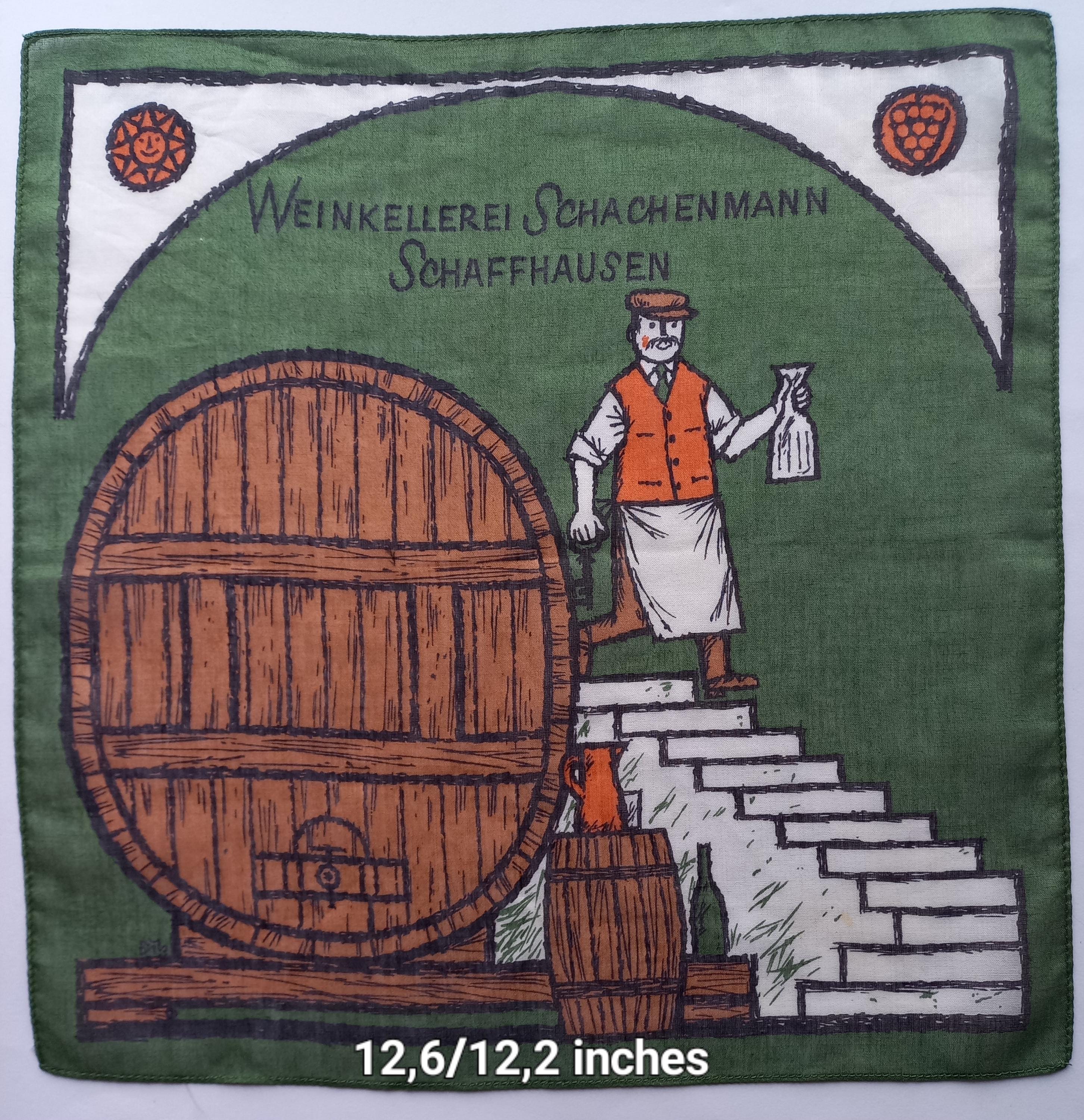 Vintage | Handkerchief | Wineyard | Schachmann | Schaffhausen | Wine Barrel | Machine Hem | Author's Signature| Cotton,Used,12.6/12.2 inches