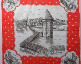 Vintage | Handkerchief | Luzern | City | Tower | Hand Hem | Cotton | Used | 11.02/11.02 inches