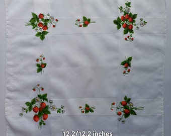 Vintage | Handkerchief | Strawberries | Flowers | Hand Hem | Cotton | Used | 12.2/12.2 inches