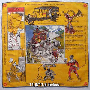 Jahrgang | Taschentuch | Verkehrshaus der Schweiz | Luzern | Geographische Karte | Notenblatt | Baumwolle | Hand gesäumt | Gebraucht | 30 cm Durchmesser