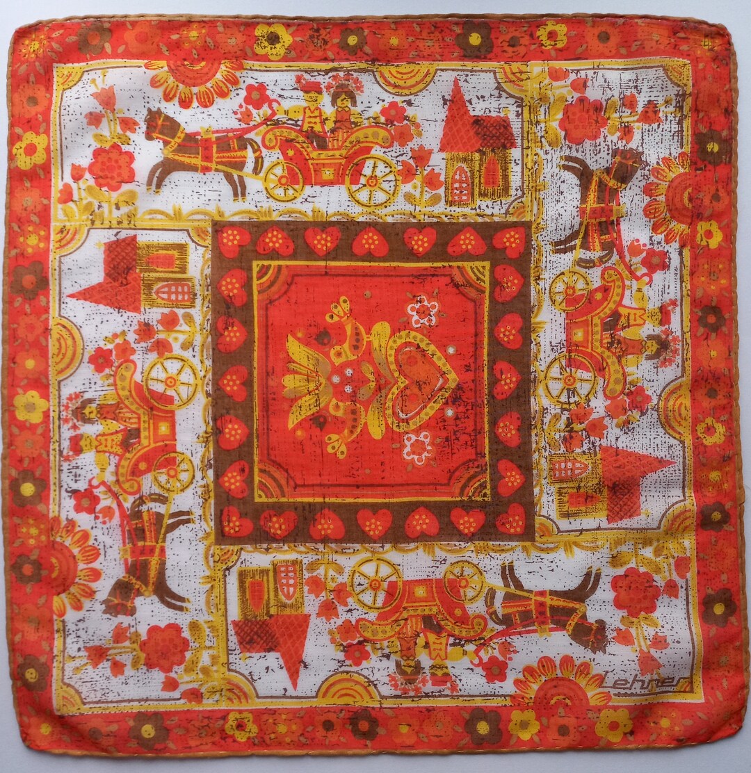 Vintage Handkerchief Lehner Country Style Horses People Houses