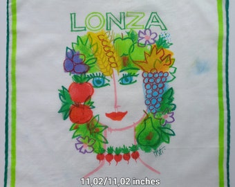 Vintage | Handkerchief | Fruit Portrait | Girl | Lonza | Hand Hem | Cotton | Used | There are soiling | 11.02/11.02 inches