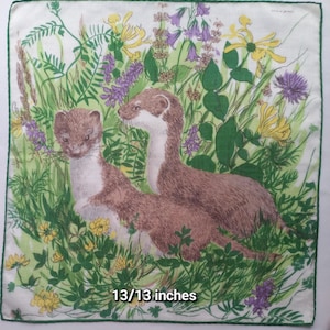 Vintage | Handkerchief | Weasel | Wild Animal | Wildflowers | Cotton | Hand Hemmed | Used | Has a Hole, | 13/13 inches
