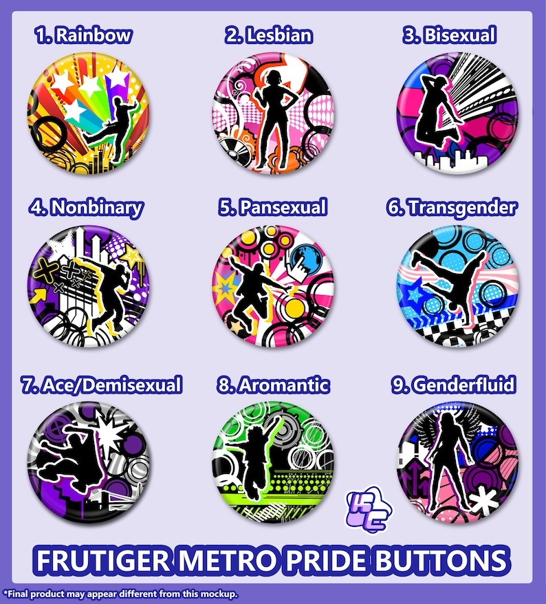 May include: Nine circular buttons labeled Frutiger Metro Pride Buttons, each featuring a unique silhouette figure in a dynamic pose against a vibrant, abstract background with geometric shapes, stars, and circles in various color palettes.