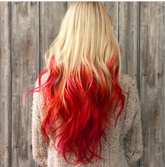 100% Red to Blonde Ombré Human Hair Extensions Burning Man Fire Ombre Hair Extensions, Clip in Hair  main image 3