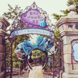 Disney Inspired Alice in Wonderland, Chessboard Themed Ears With Blue Sequin Bow
