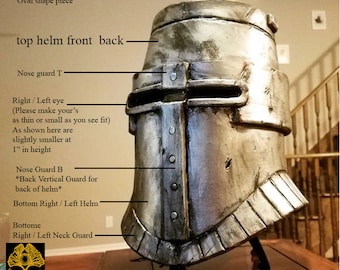 May include: A silver helmet with a detailed design, including a nose guard, eye slits, and a back vertical guard. The helmet is labeled with the text "top helm front back" and "Nose guard T".