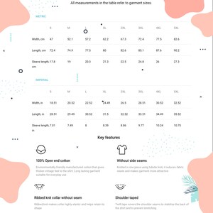 May include: A white chart with garment size measurements in inches and centimeters. The chart includes width, length, and sleeve length for sizes S to 5XL. Key features include 100% open end cotton and no side seams.
