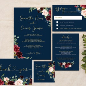 Wedding Invitation Set Burgundy Navy Blue Watercolor Flowers Rustic Invitation RSVP Thank You Card Favor Tag Details Card